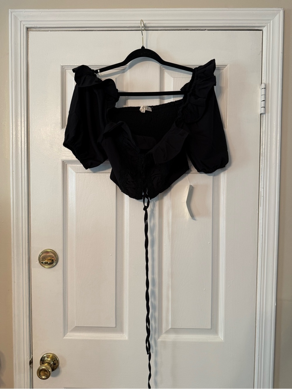 Ever B Black Ruffled Crop Top with Tie Front